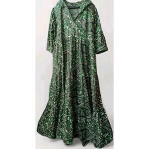 the Oula Company Tiered Maxi Printed Green Cotton Shirt Dress A-Line One Size